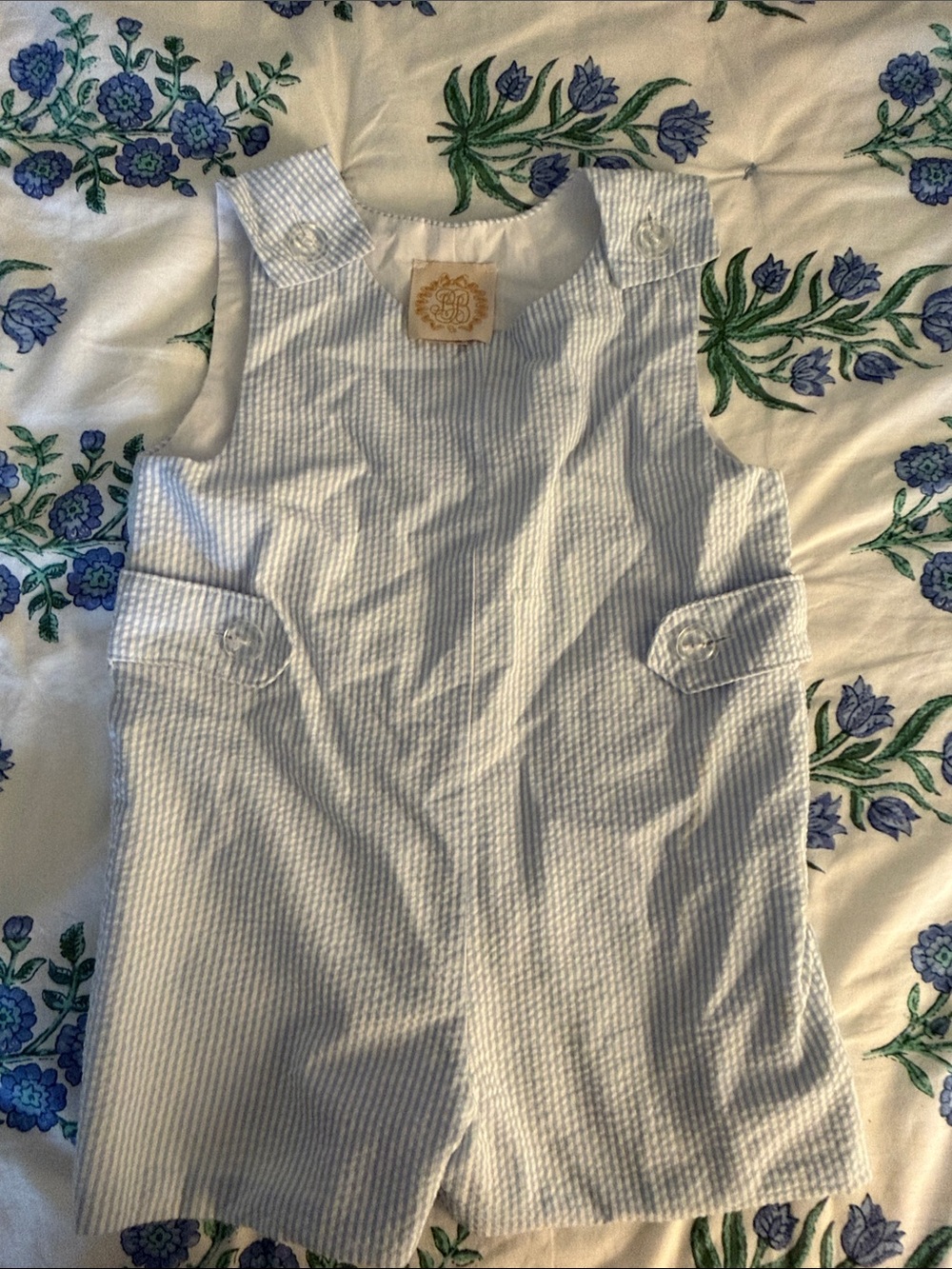 The Beaufort Bonnet Company Light Blue & White Seersucker Tank Romper Jon Jon